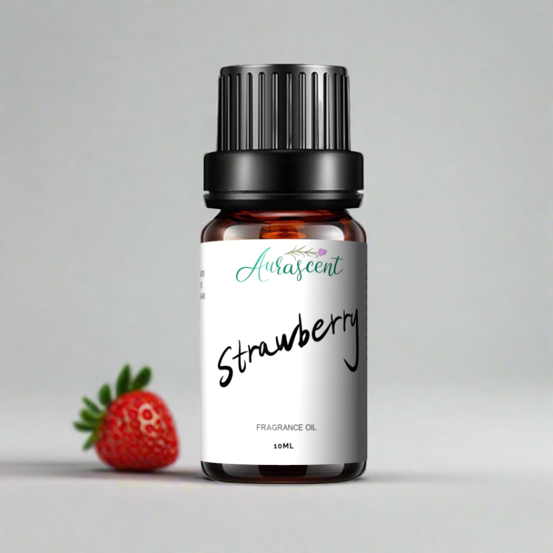 A 10ml bottle of Aurascent Strawberry Fragrance Oil, fruity aroma oil with fresh strawberry scent, clear glass bottle with a white cap.