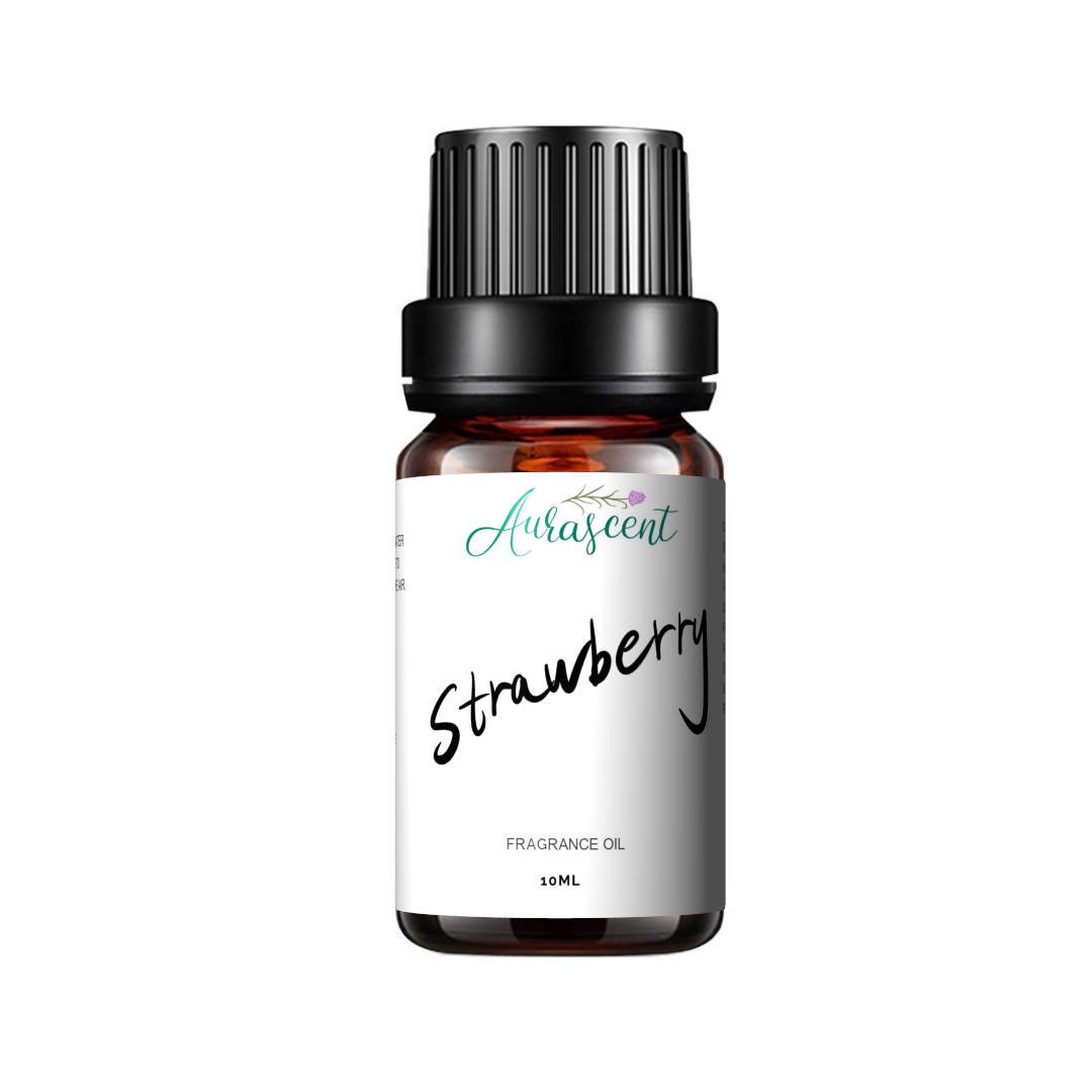 Aurascent Strawberry Fragrance Oil 10ml with fruity aroma, featuring a clear glass bottle and vibrant strawberry illustration.