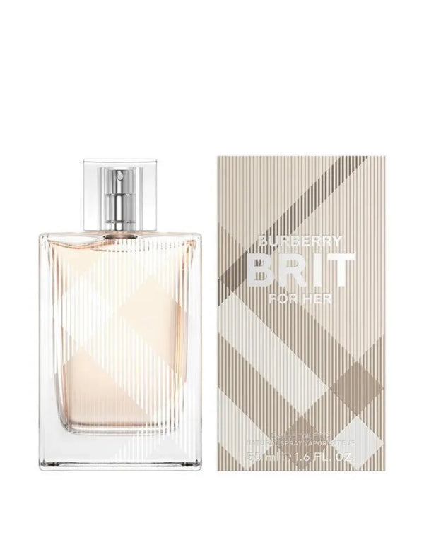 Burberry Brit 50ml EDT for women, elegant glass bottle with a classic design, representing the iconic fragrance by Burberry.