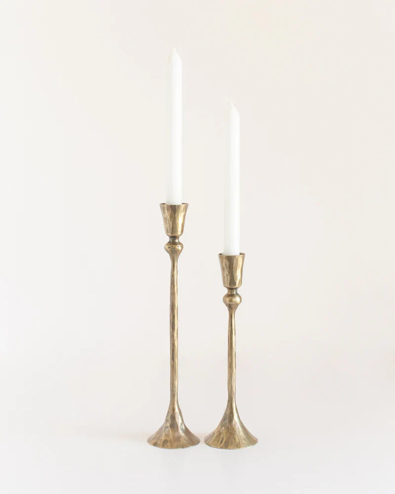 Set of two Gemini hand-forged iron candlestands with brass finish, decorative candle holders by Creative Women Australia.