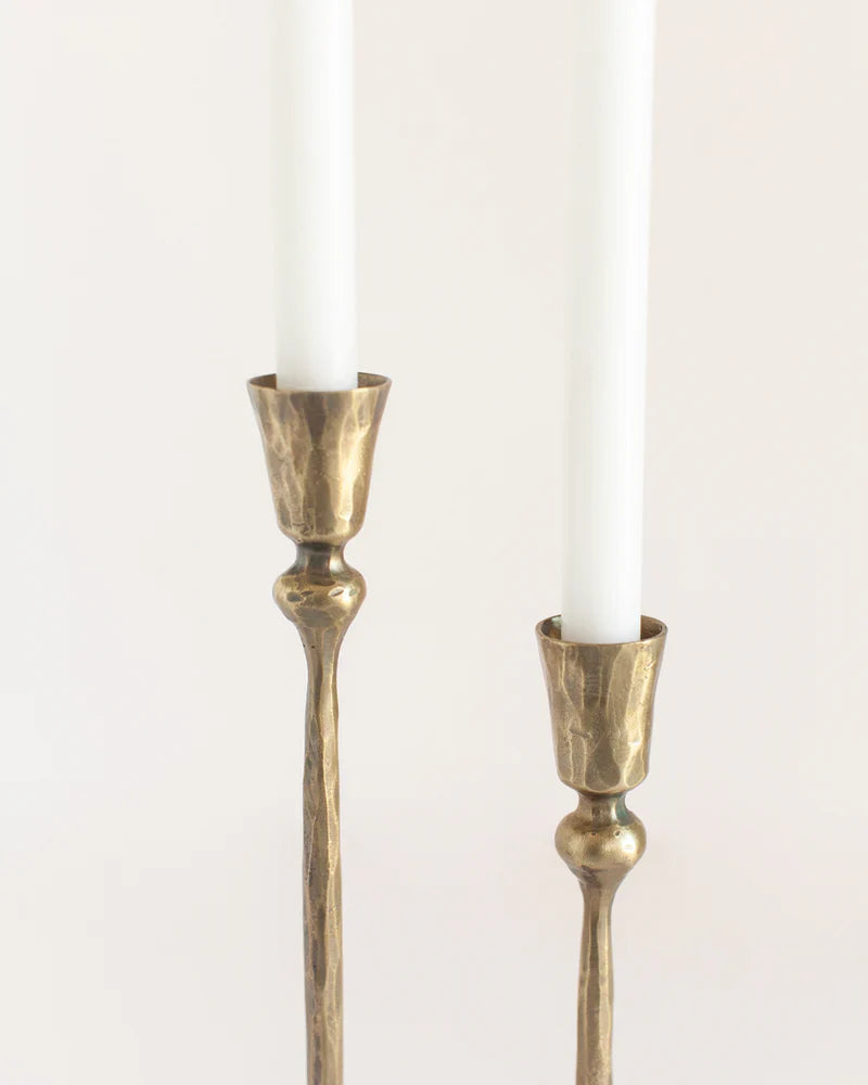 Set of two Gemini hand-forged iron candlestands with brass finish, crafted by Creative Women Australia.