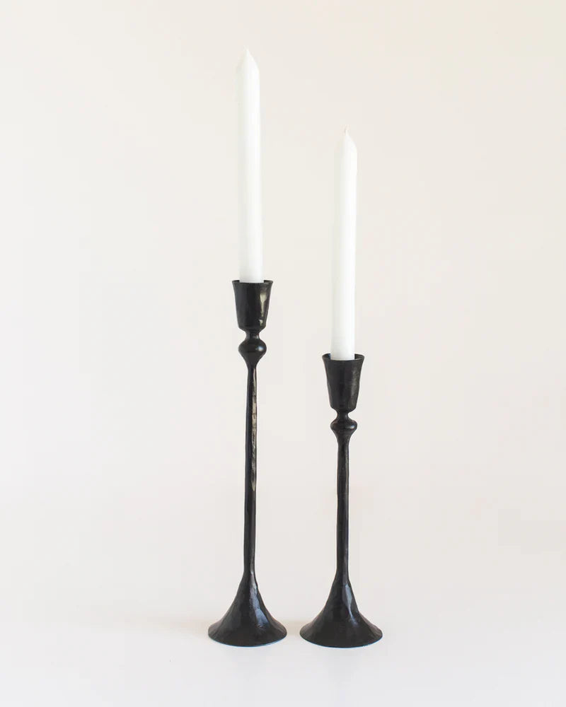 Set of 2 Gemini hand-forged iron candlestands with brass finish by Creative Women Australia, showcasing elegant candle holders.