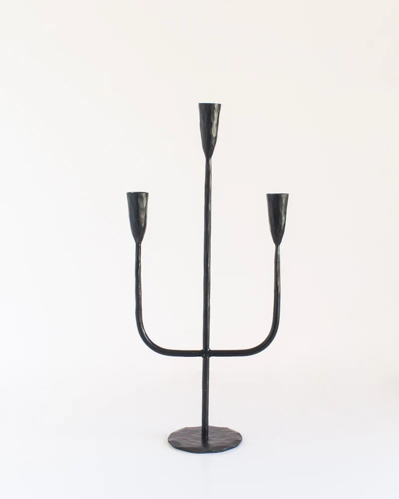Hand-forged iron candlestand with brass finish, decorative candelabra by Creative Women Australia, featuring intricate craftsmanship.