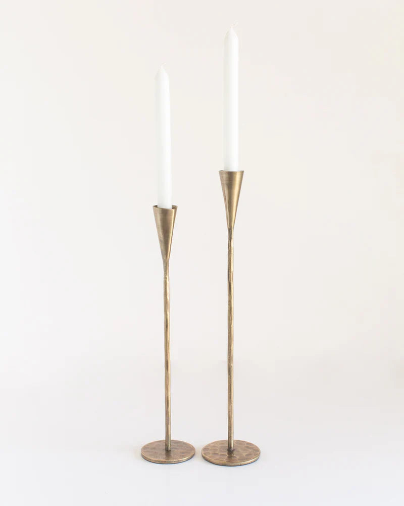 Set of two Phoenix hand-forged iron candle stands with brass finish by Creative Women Australia, decorative table centerpiece.