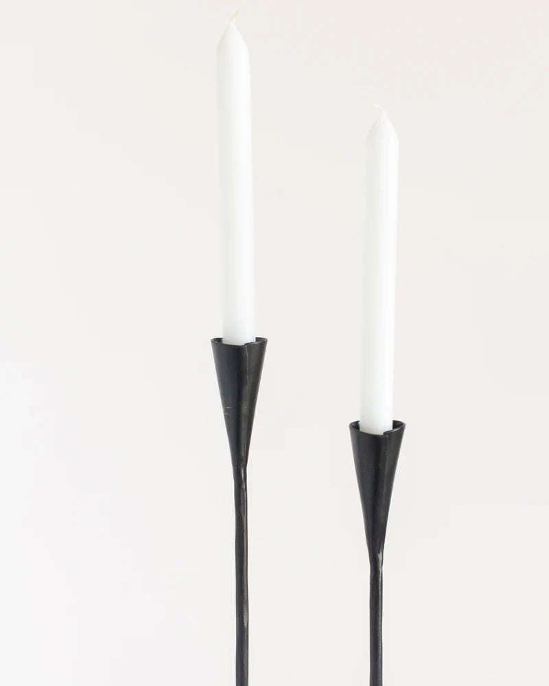 Set of two Phoenix hand-forged iron candle stands with brass finish by Creative Women Australia, featuring elegant, rustic design.