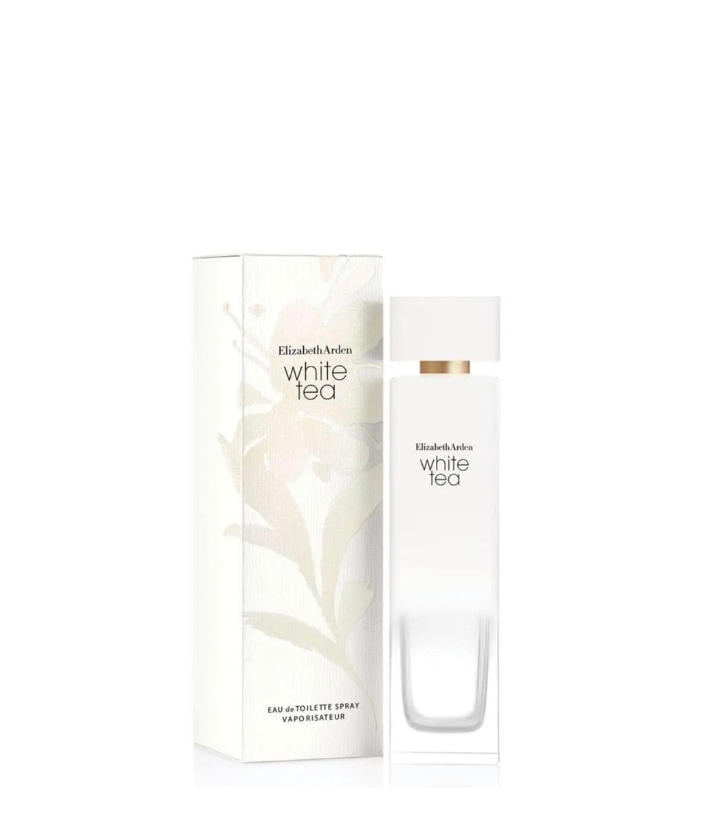 White Tea 100ml Eau de Toilette for women by Elizabeth Arden, featuring a sleek white bottle with elegant floral accents.