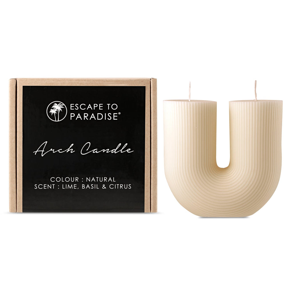 Natural Arch Candle by Escape to Paradise, showcasing a sleek, minimalist candle design in a natural finish.