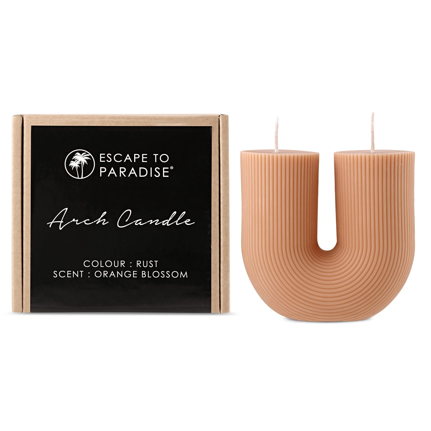 Escape to Paradise Arch Candle in Orange Blossom scent, featuring a sleek design and warm glow for cozy ambiance.