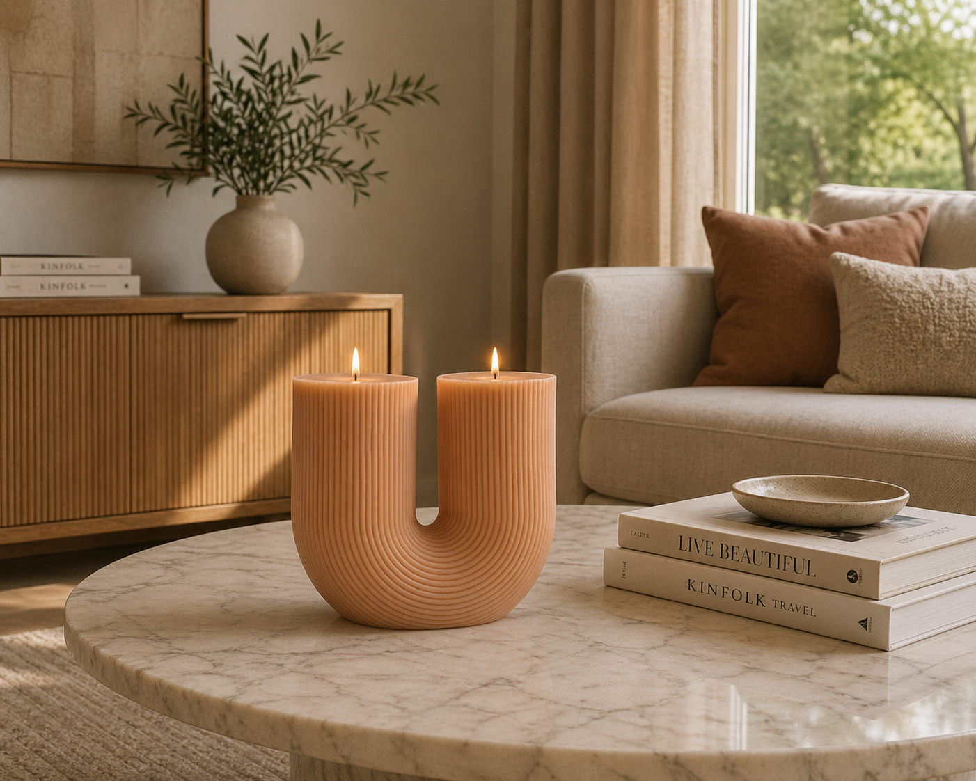 Arch Candle in Orange Blossom scent by Escape to Paradise, featuring a sleek design and vibrant orange floral accents.