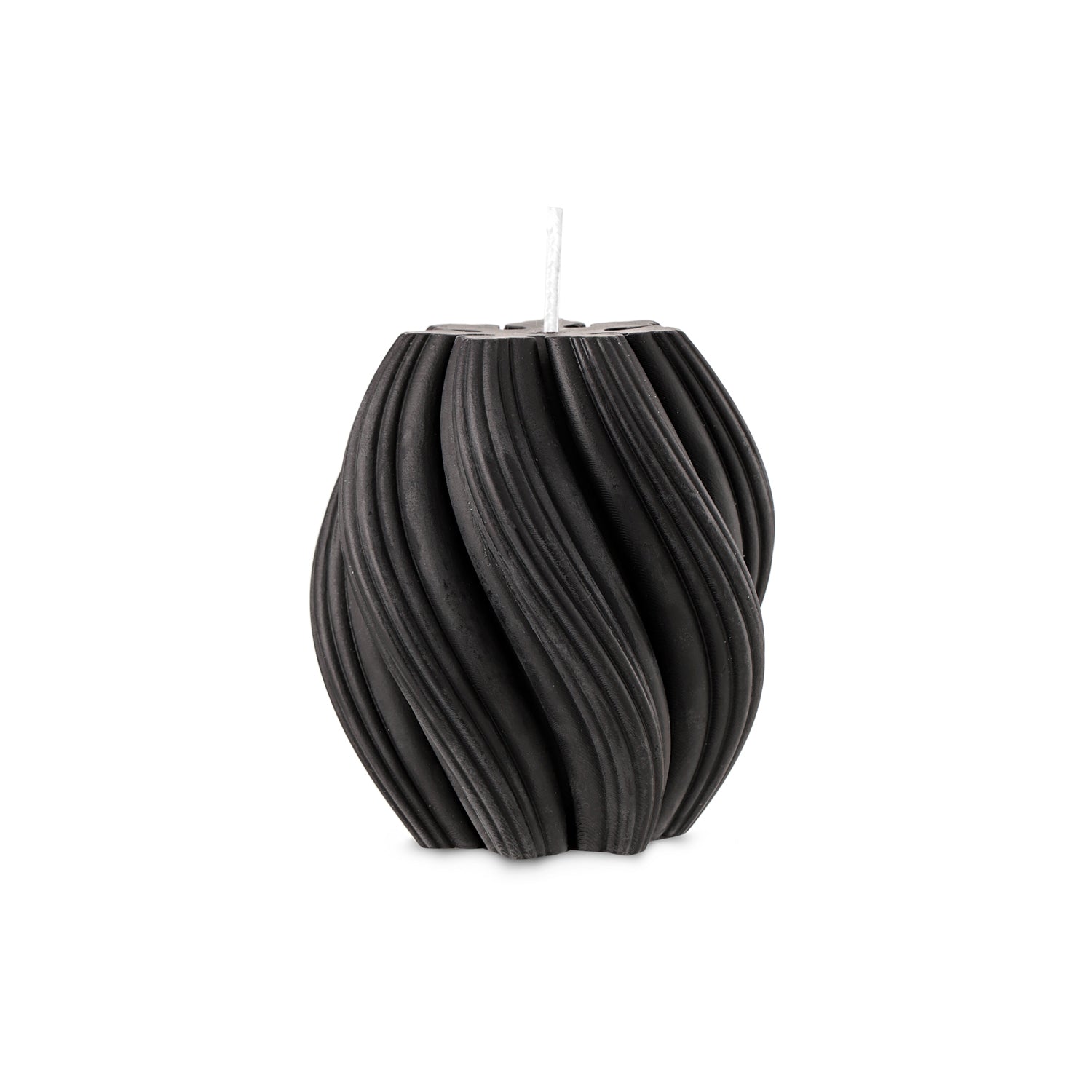 Black cranberry swirl candle by Escape to Paradise with a decorative glass container and swirling design.