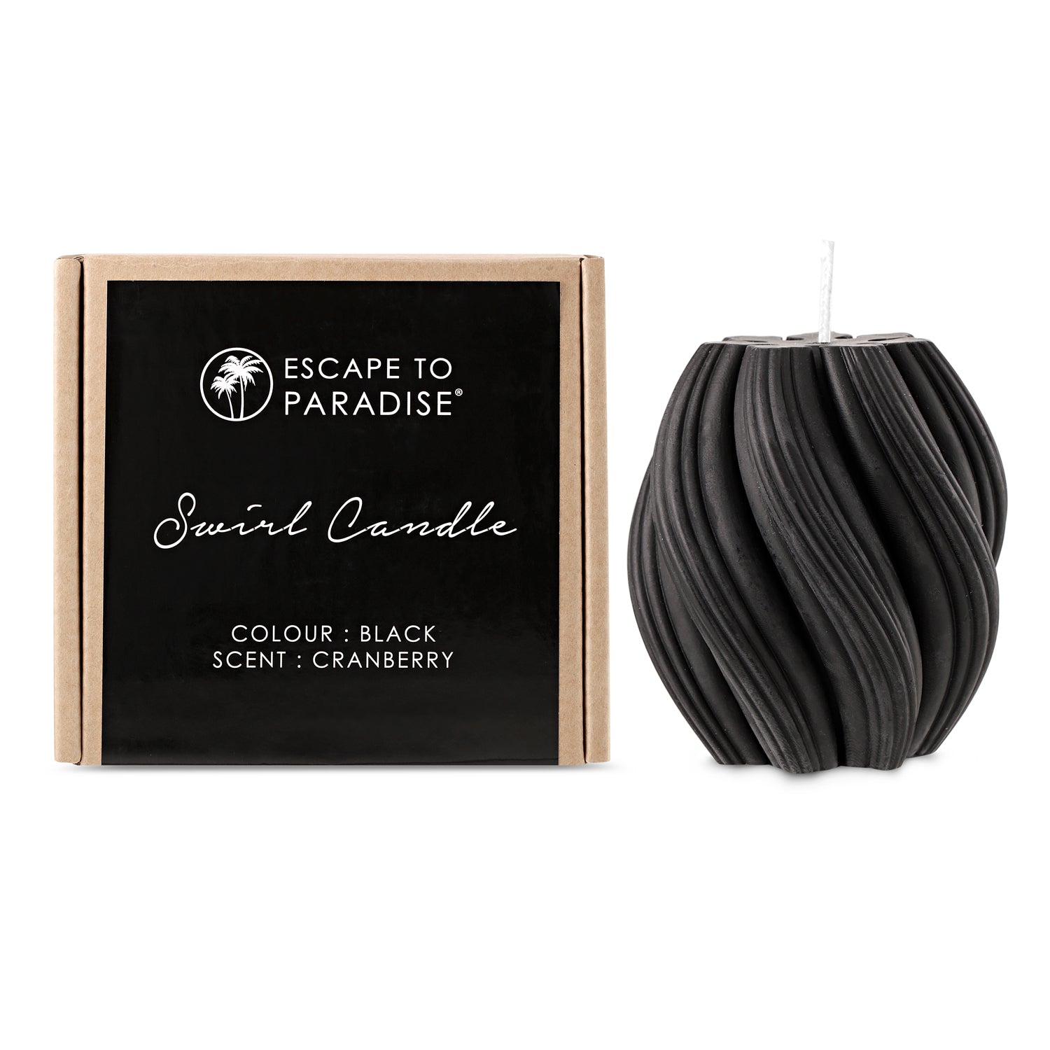 Swirl Black Cranberry Candle by Escape to Paradise, showcasing a decorative candle with a swirling design and deep cranberry color.