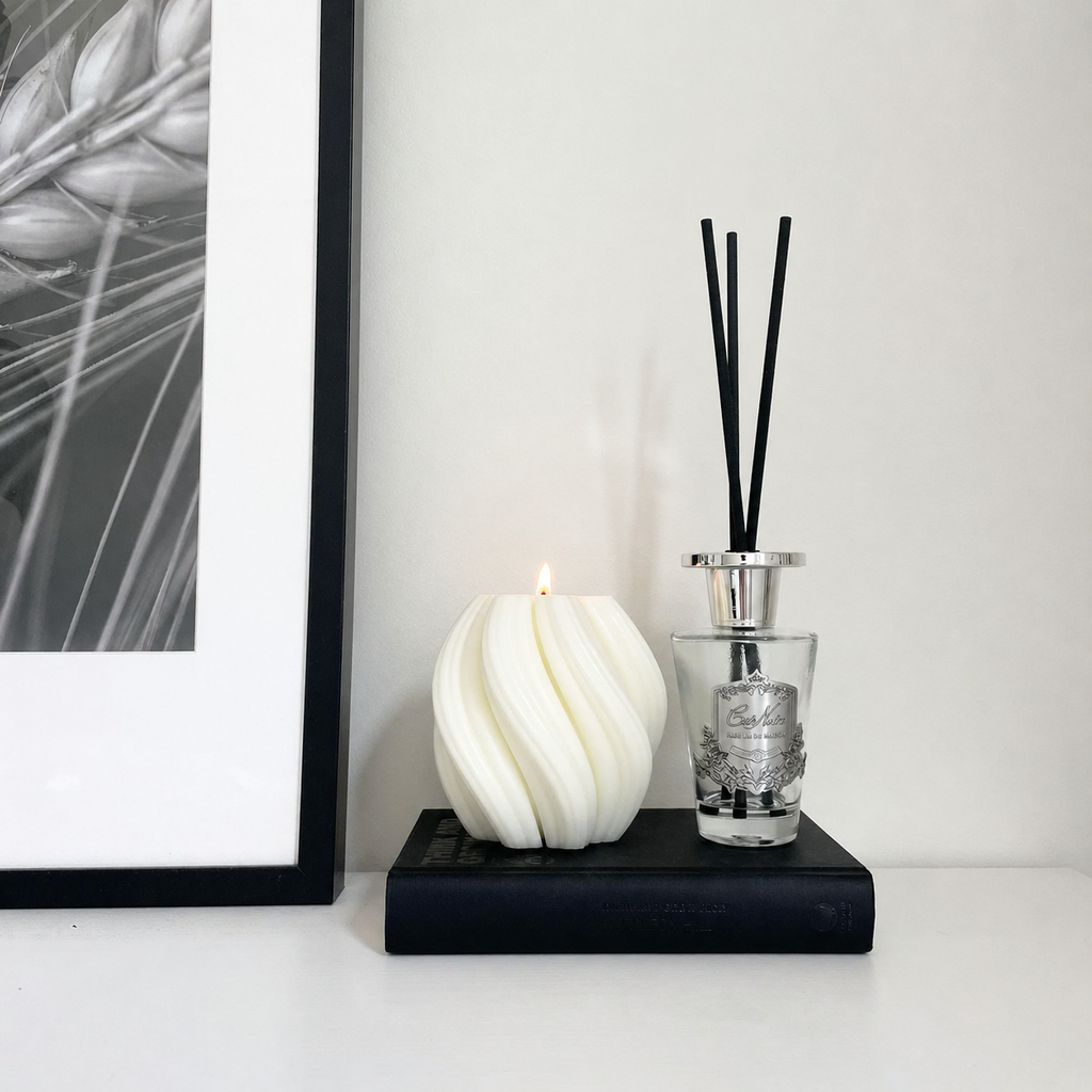 Swirl candle by Escape to Paradise in Lime Basil & Citrus scent, featuring a decorative swirling design and natural citrus aroma.