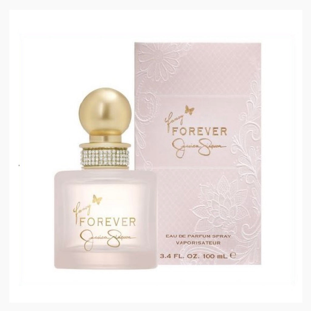 Jessica Simpson Fancy Forever 100ml women's Eau de Parfum bottle with floral and fruity design, featuring a sleek, elegant shape.