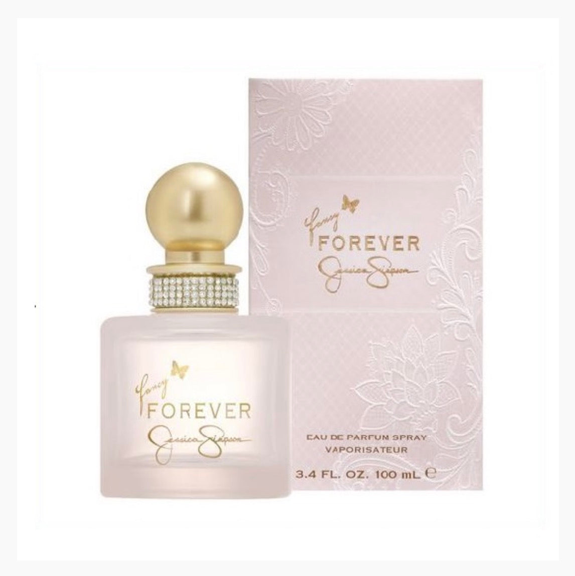 Jessica Simpson Fancy Forever 100ml women's Eau de Parfum bottle with floral and fruity design, featuring a sleek, elegant shape.