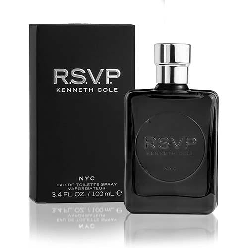 Kenneth Cole RSVP 100ml men's Eau de Toilette bottle with clear glass and black cap, featuring sleek packaging design.