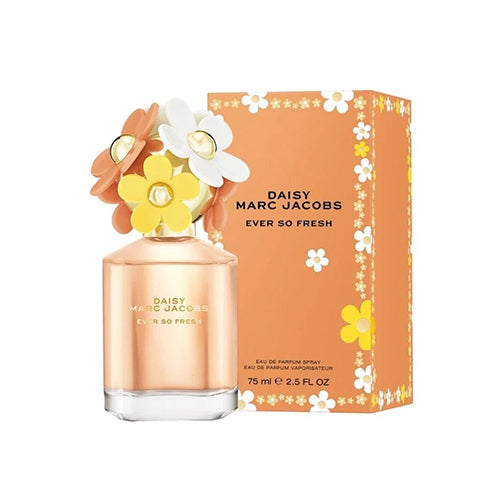 Marc Jacobs Daisy Ever So Fresh 75ml EDP for women, featuring a floral perfume bottle with a clear glass design and colorful floral accents.