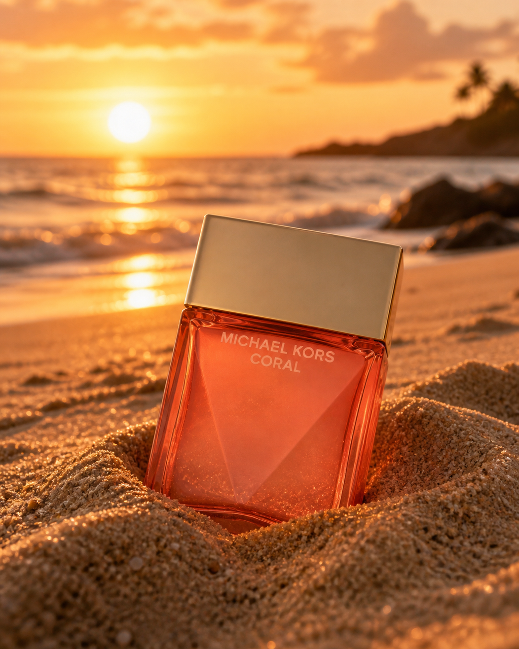 Michael Kors Coral 50ml EDP for Women, elegant pink perfume bottle with gold accents, showcasing the luxurious fragrance packaging.
