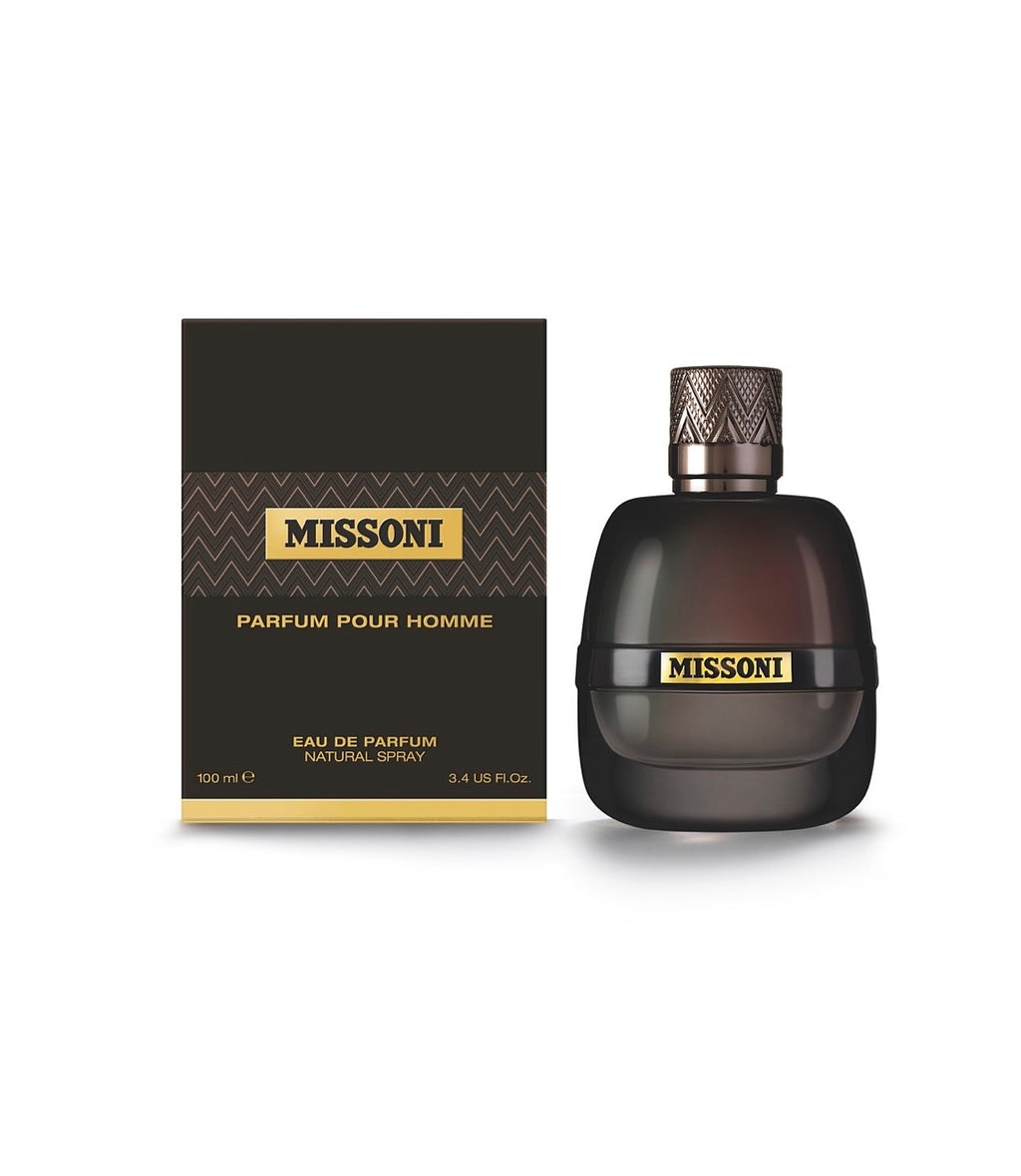 Missoni Pour Homme 100ml men's eau de parfum bottle with sleek design and black cap, showcasing the Missoni branding.