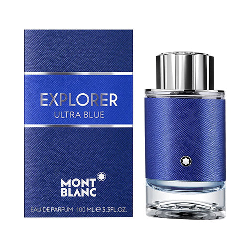 Mont Blanc Explorer Ultra Blue 30ml men's Eau de Parfum bottle with sleek blue design and silver cap.