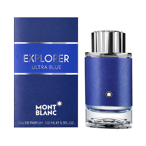 Mont Blanc Explorer Ultra Blue 30ml men's Eau de Parfum bottle with sleek blue design and silver cap.