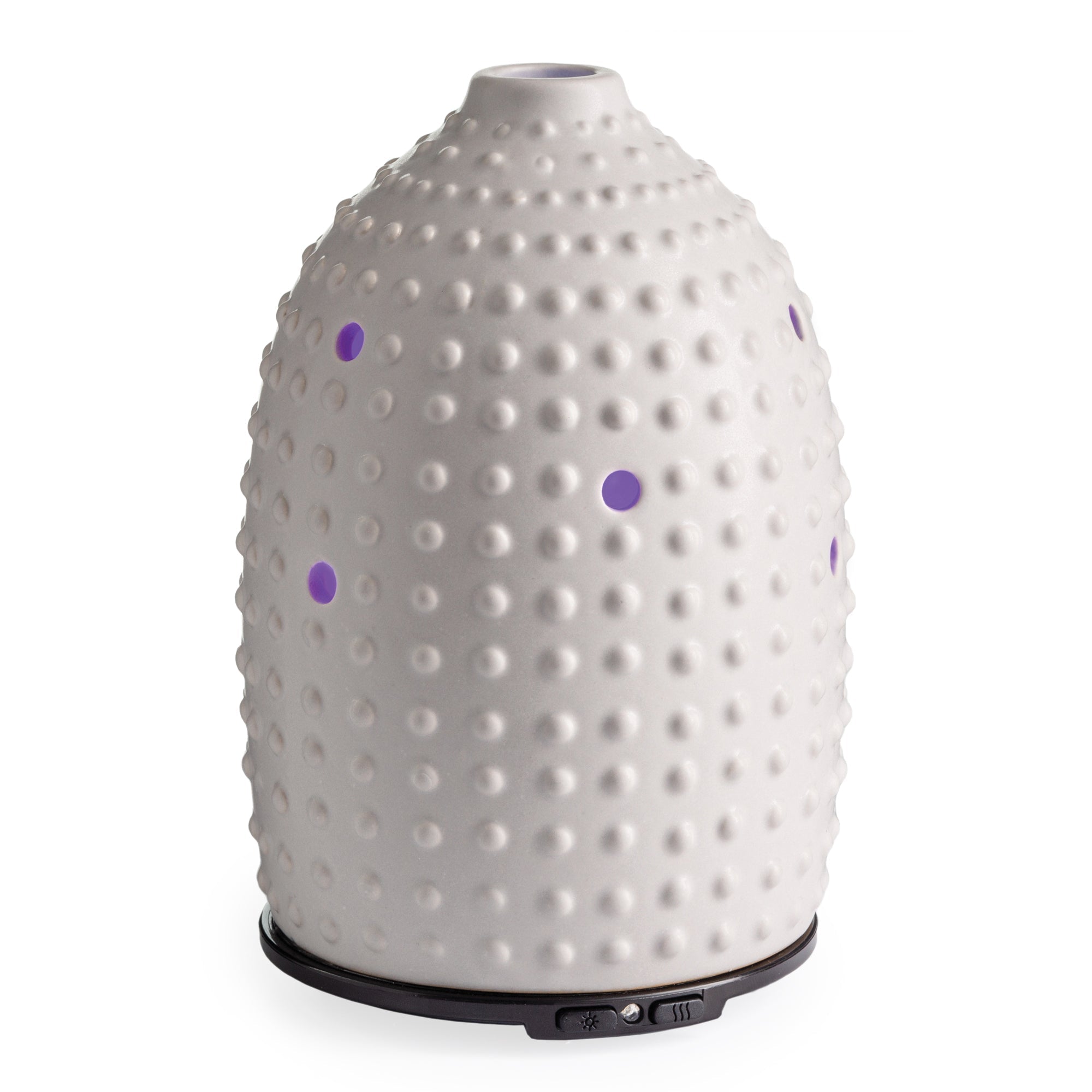 NNE Living Hobnail Ultrasonic Aroma Diffuser showing a sleek ceramic design with mist and LED light features.