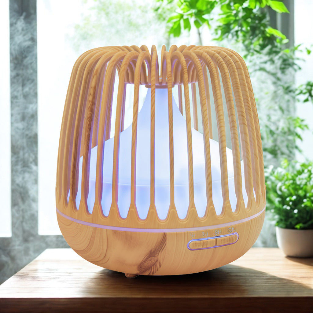NNEDSZ 4-in-1 aromatherapy humidifier and diffuser displaying mist, control buttons, and water tank in a modern design.
