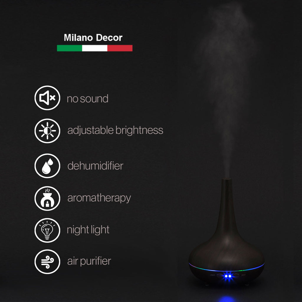 Dark wood grain ultrasonic diffuser by NNEIDS, designed for aroma therapy and ambient scent diffusion.