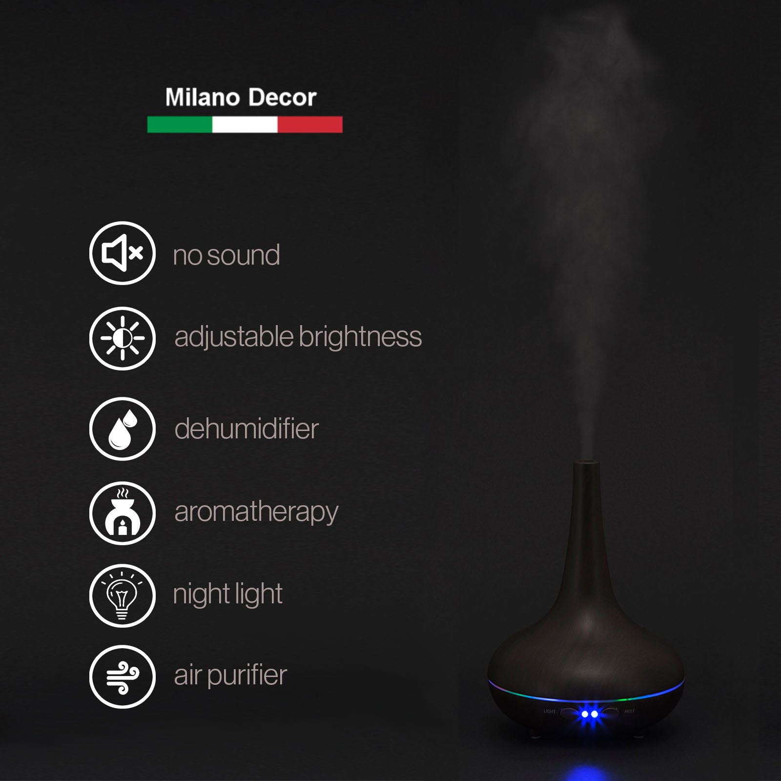 NNEIDS Milano Decor ultrasonic aroma diffuser with dark wood grain finish, showcasing its sleek, modern design and wood-textured surface.