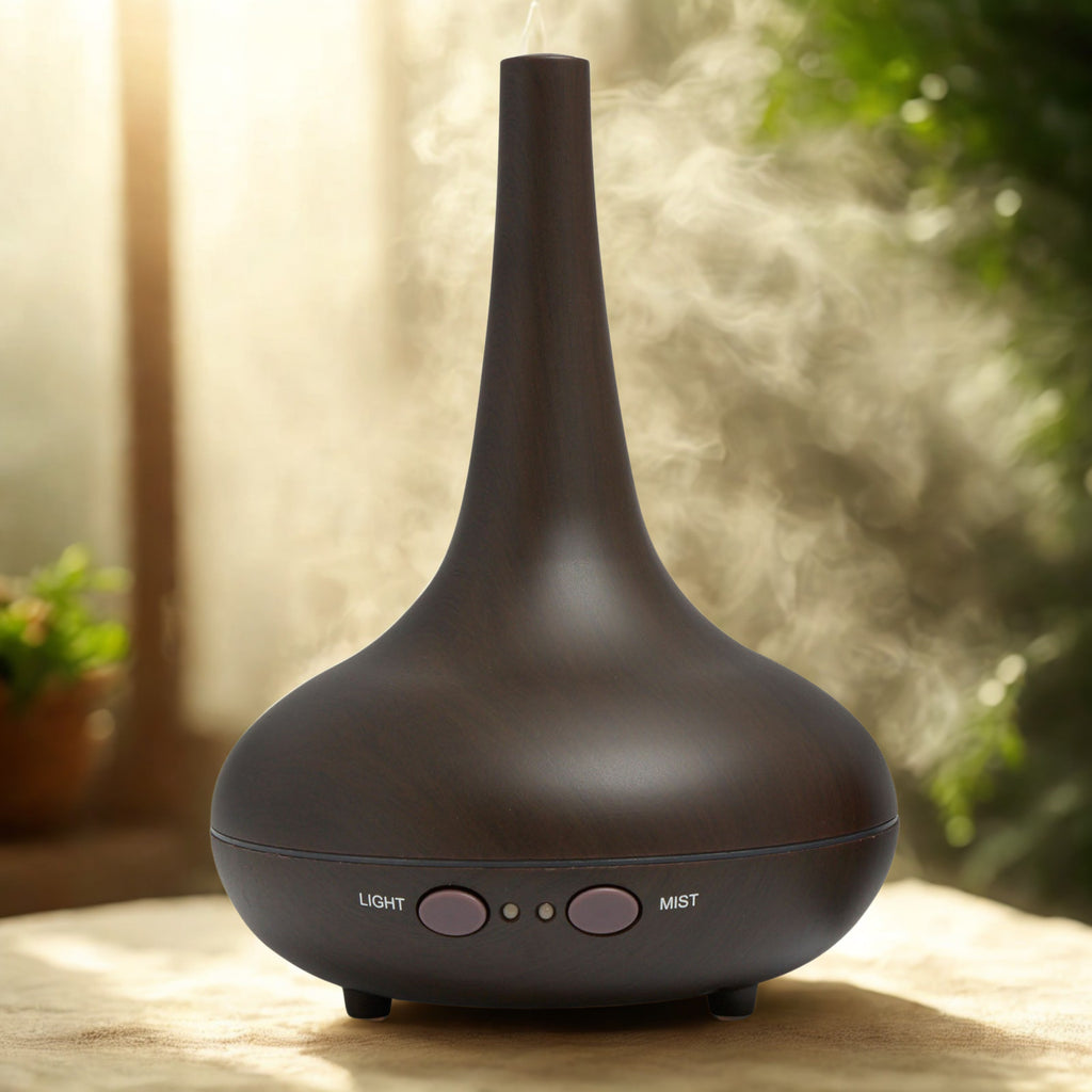 NNEIDS Milano Décor ultrasonic aroma diffuser with dark wood grain finish, showcasing sleek design and textured wood pattern.