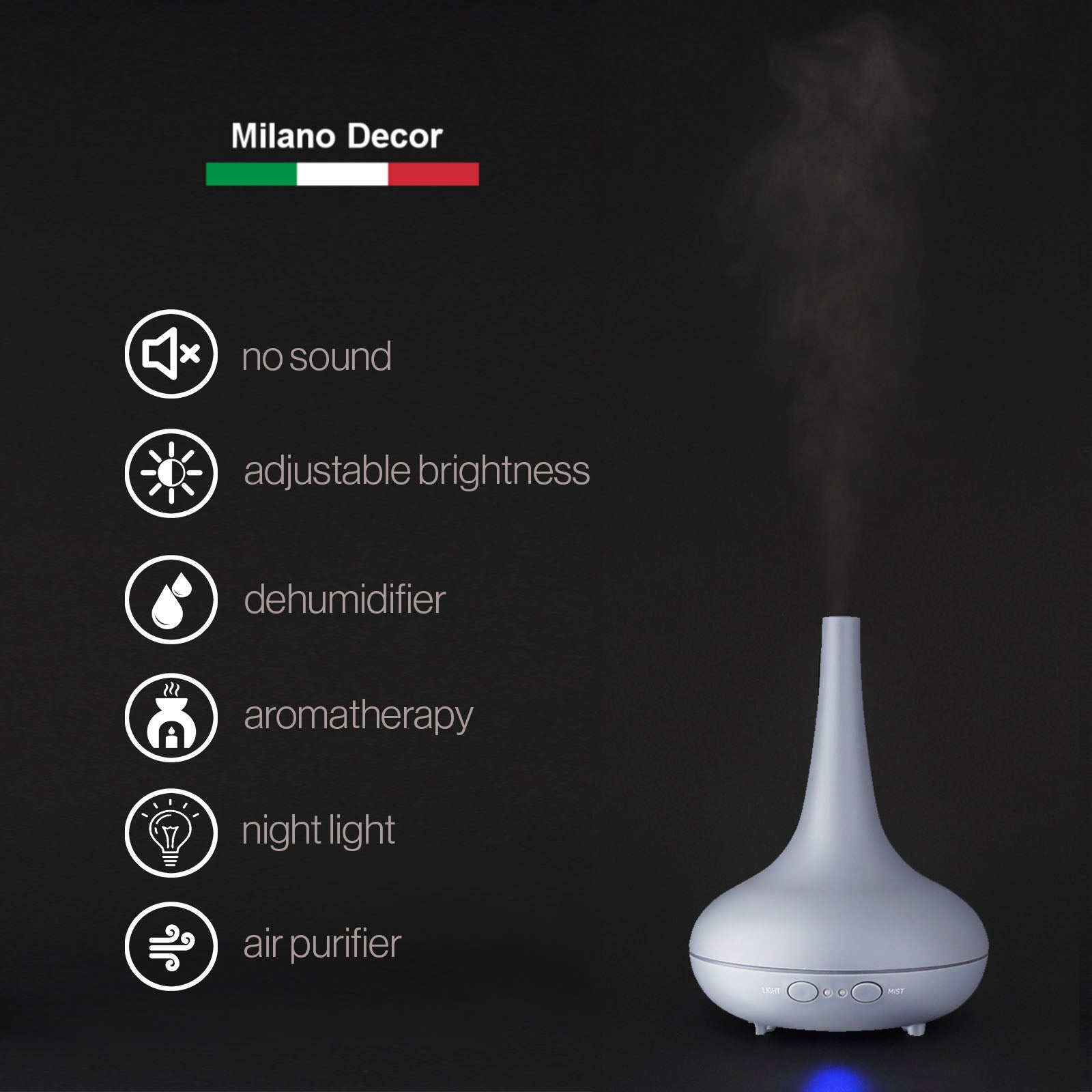 NNEIDS Milano Décor Ultrasonic Aroma Diffuser in matte grey with sleek modern design.