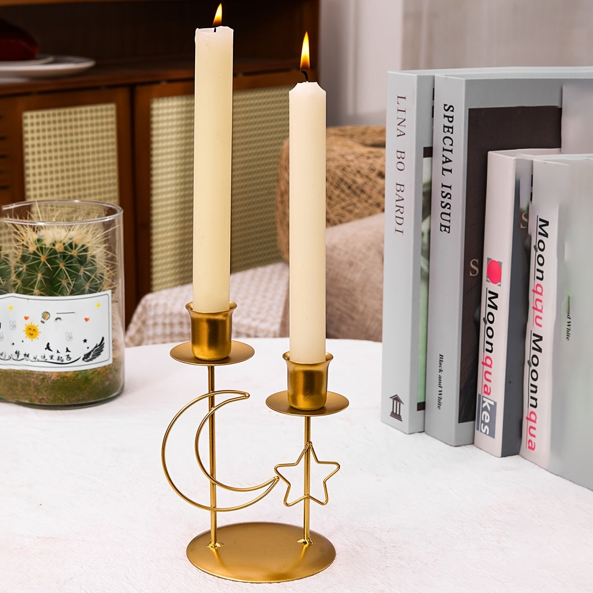 Golden star and moon candle holder by NNETM, decorative metal candle accessory for home and garden decor.
