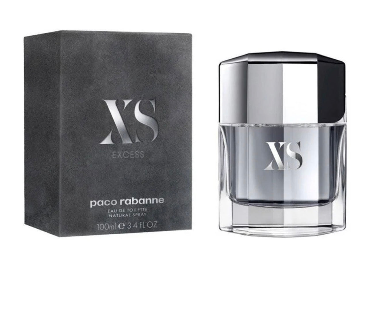 XS 100ml Paco Rabanne men's EDT bottle with sleek design and silver cap, displayed on a neutral background.