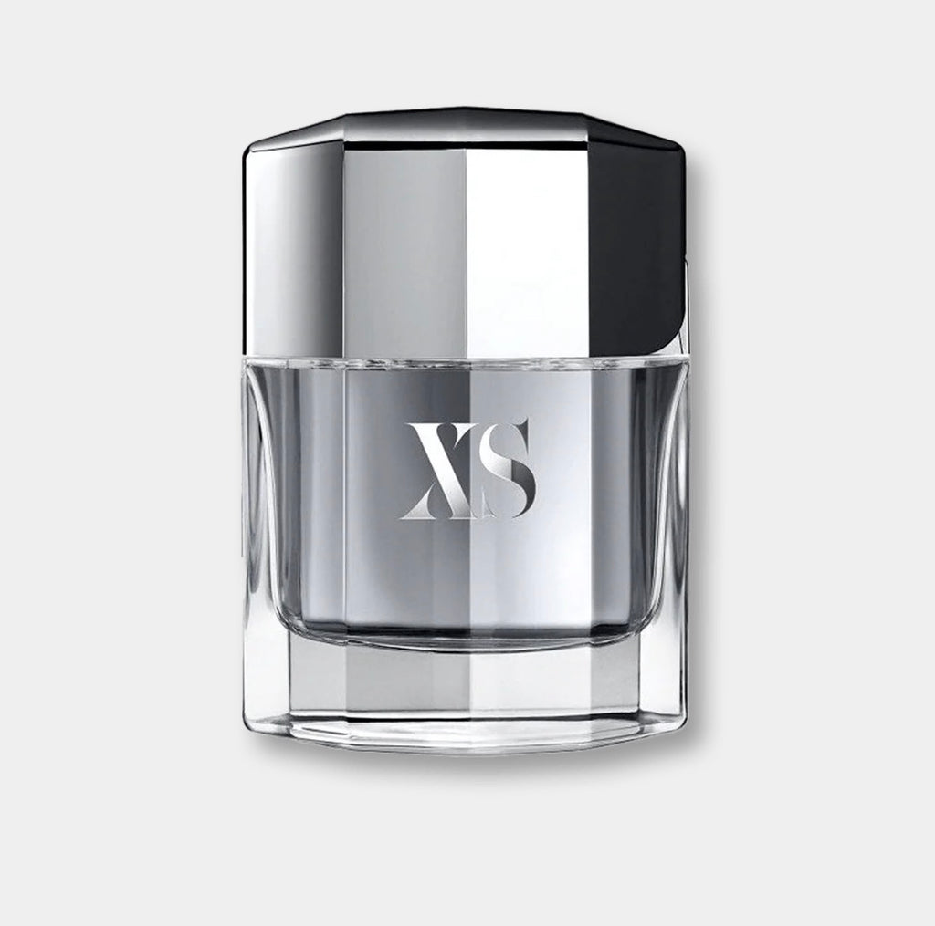 Paco Rabanne XS 100ml men's Eau de Toilette bottle with sleek design and clear label, displayed on a neutral background.