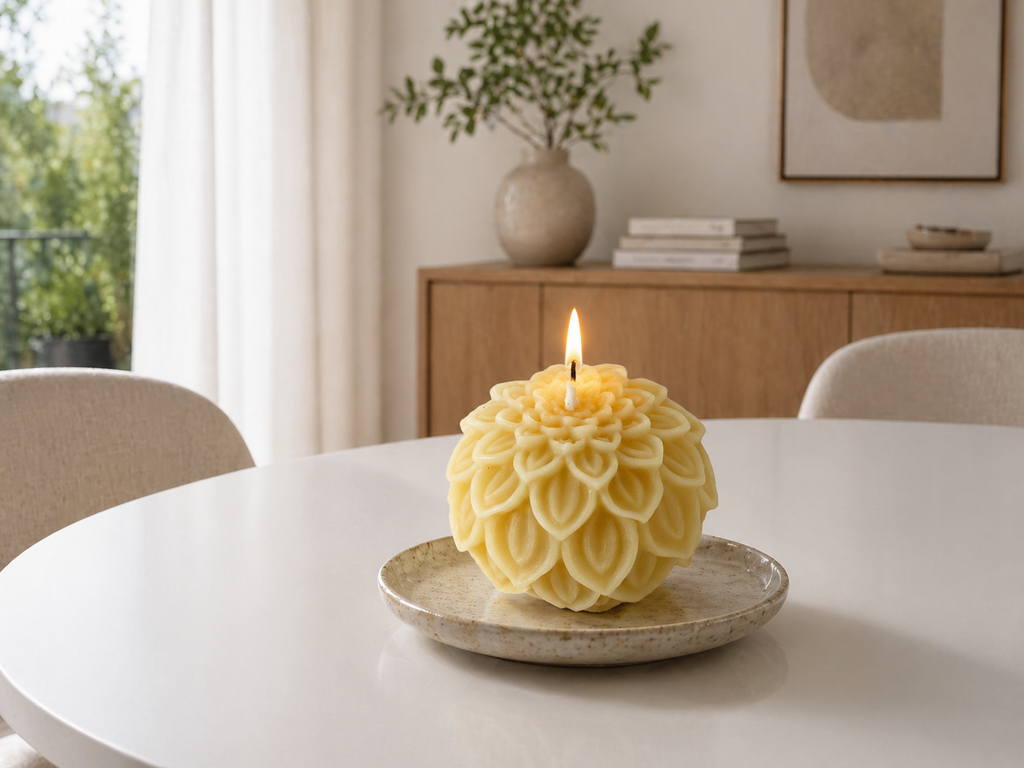 Pure beeswax ball candles shaped like dahlia petals from Serenes Beeswaxory with natural petal details.