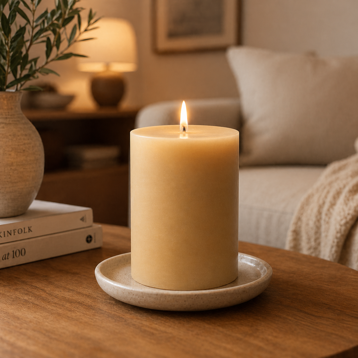Serenes Beeswaxory pure beeswax pillar candle, 10cm tall, with a natural honey color and smooth wax surface.