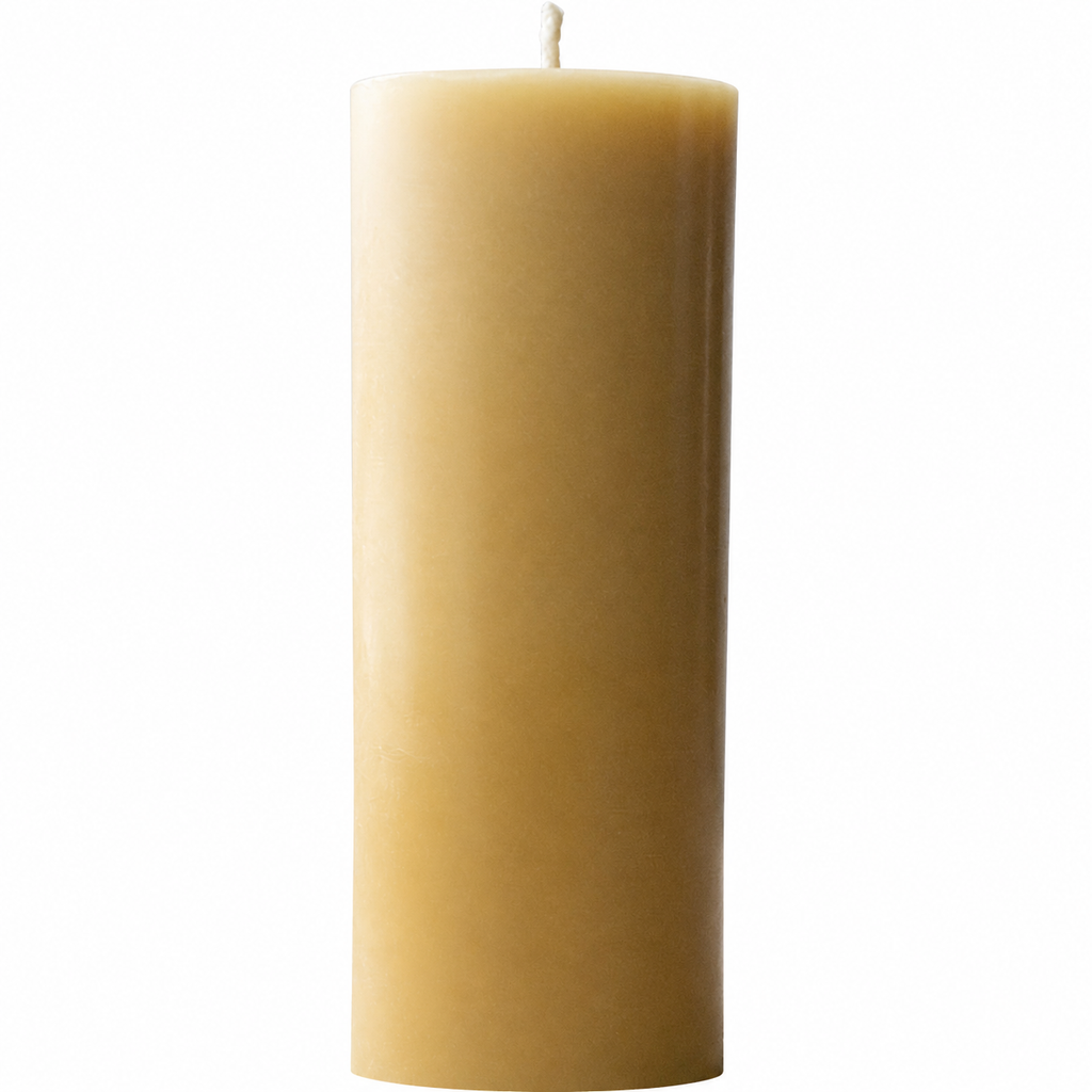 Serenes Beeswaxory 20cm pure beeswax pillar candle showcasing a tall, natural beeswax candle with a warm, golden hue.