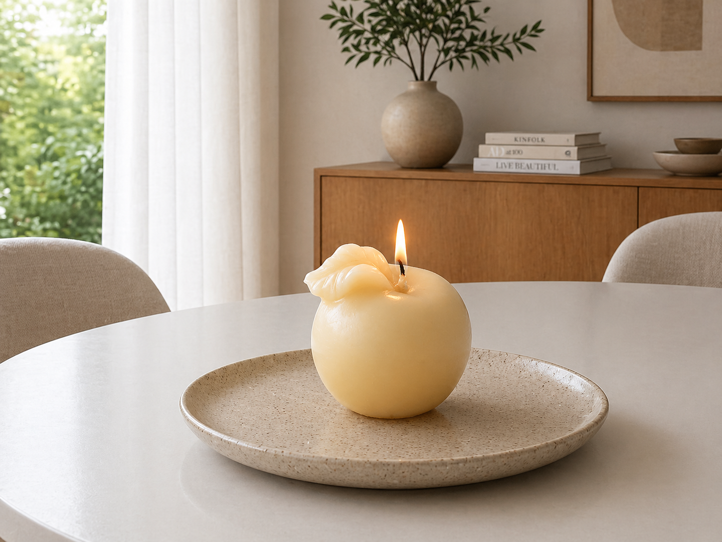 Box of four Serenes Beeswaxory pure beeswax apple-shaped votive candles with a natural golden color.