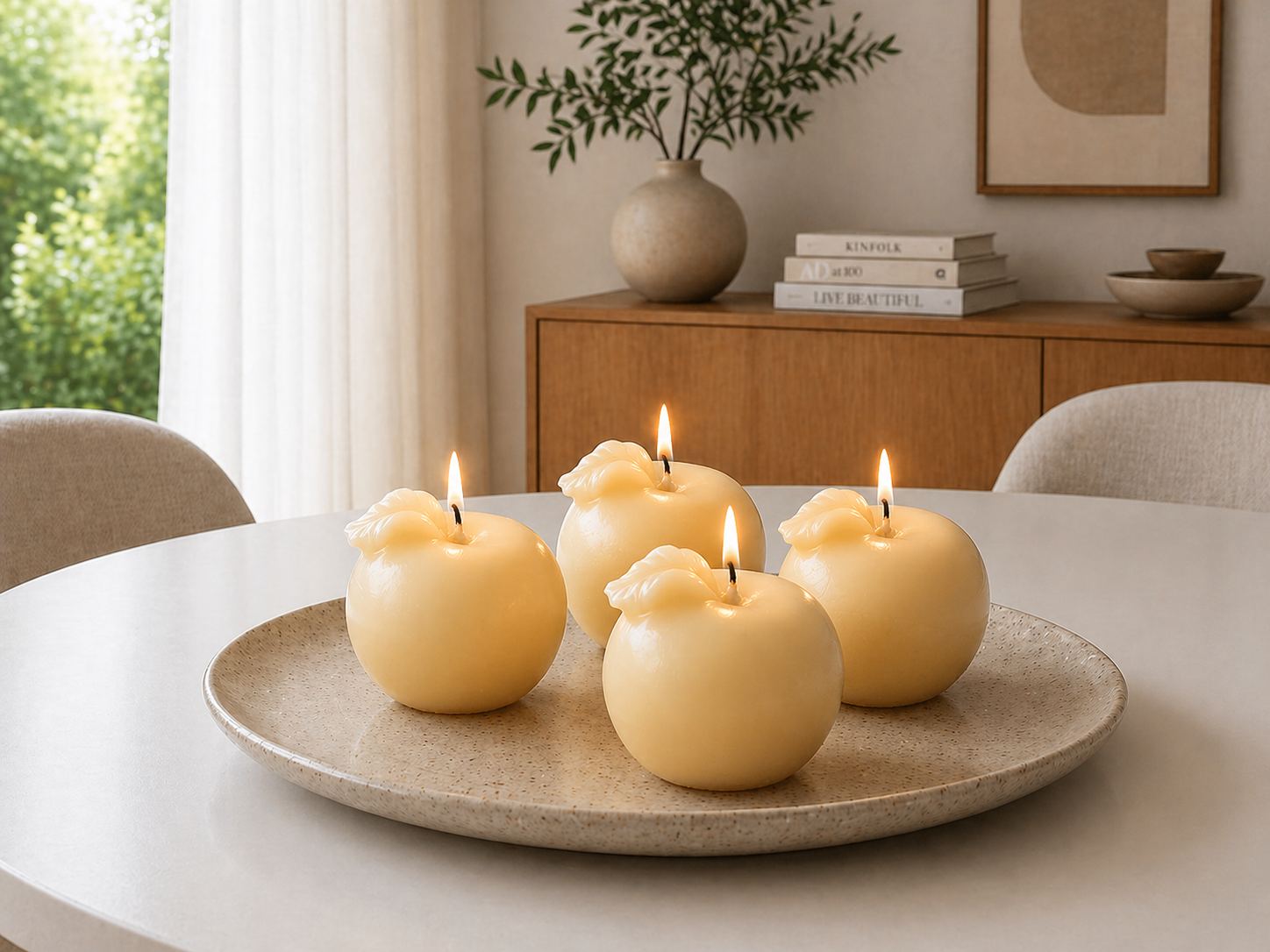 Set of four Serenes Beeswaxory pure beeswax apple-shaped votive candles in a golden color, displayed in a box.