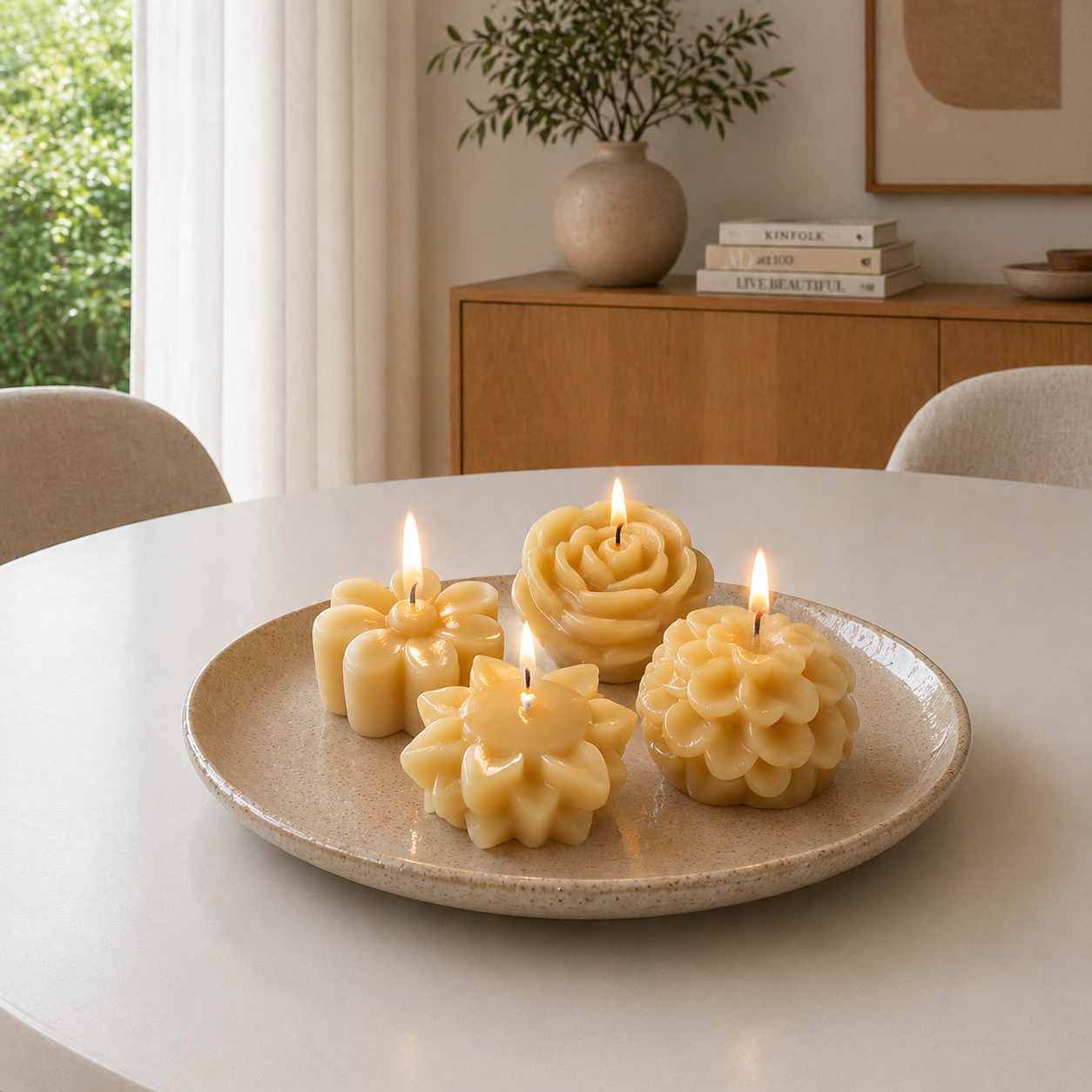Box of four Serenes Beeswaxory flower-shaped pure beeswax tealight candles, display of candles with floral design.