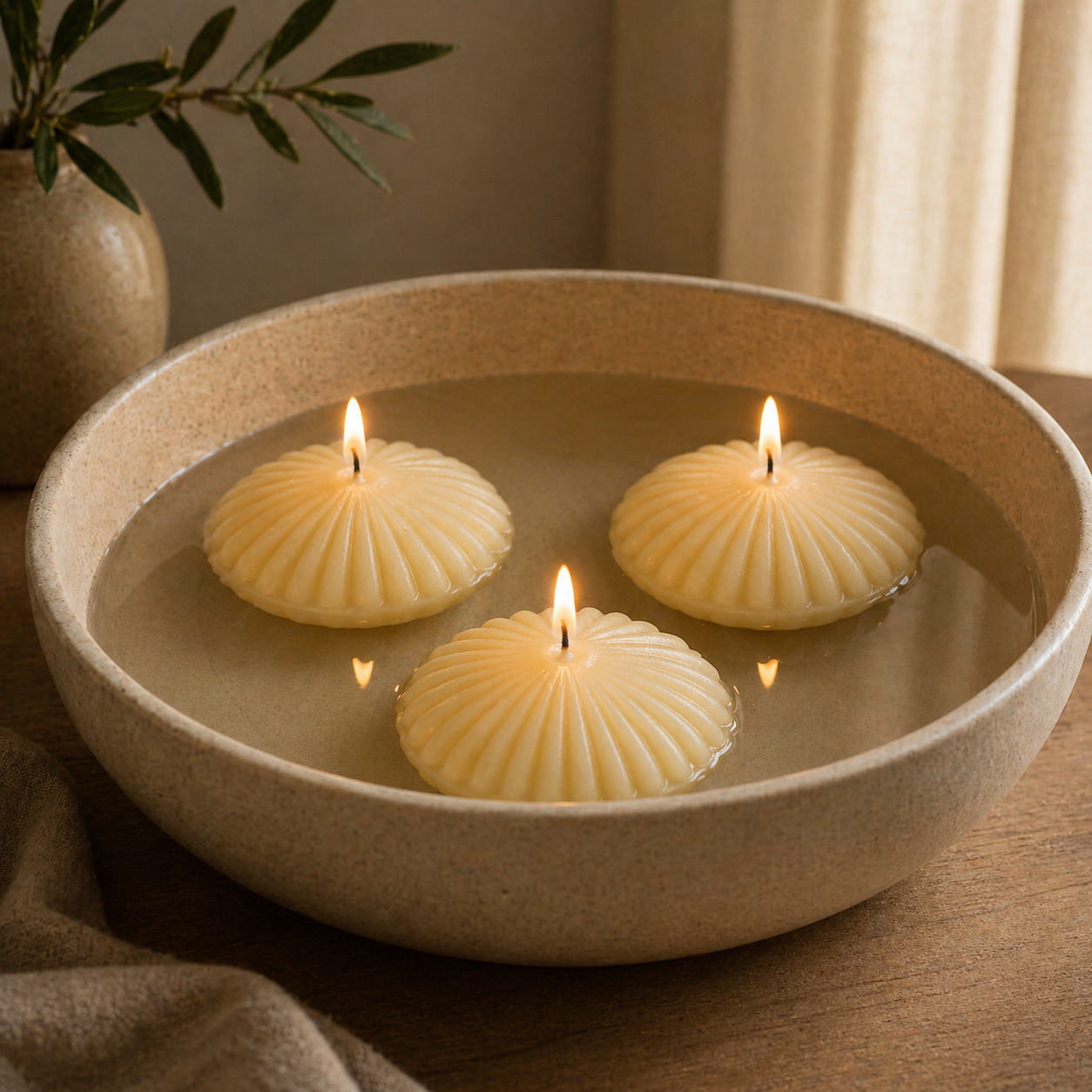 Box of 6 Serenes Beeswaxory pure beeswax fluted tealight floating candles on a white surface.