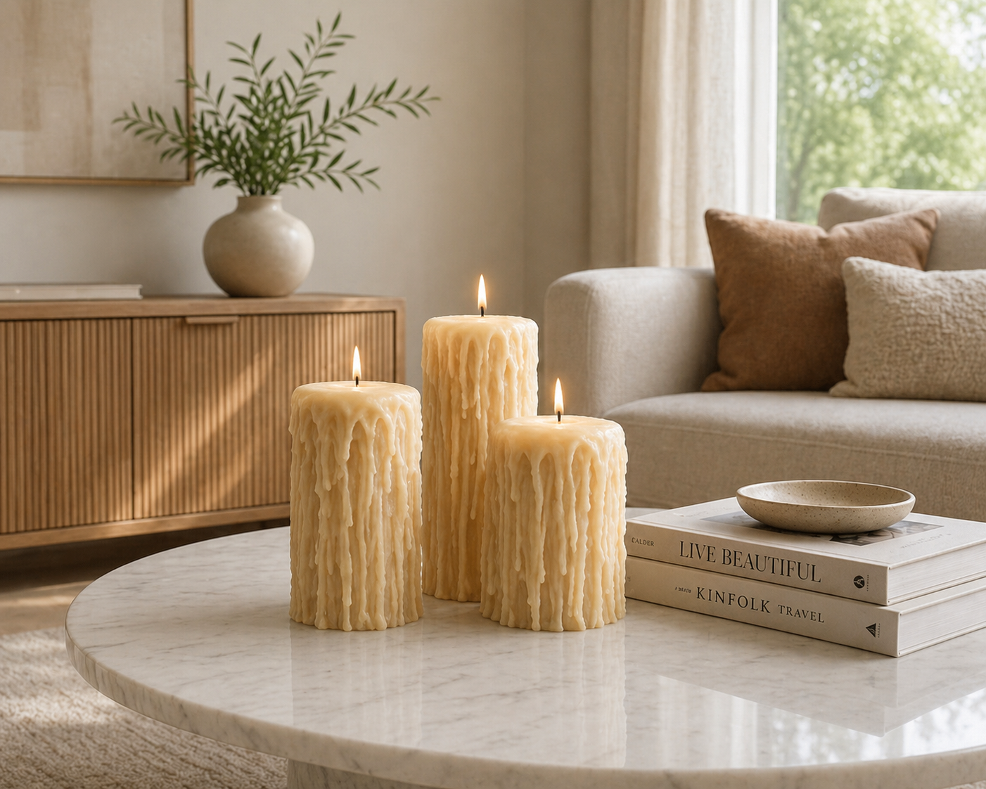 Set of three Gothic-style pure beeswax candles from Serenes Beeswaxory, featuring tall, elegant pillar candle designs.