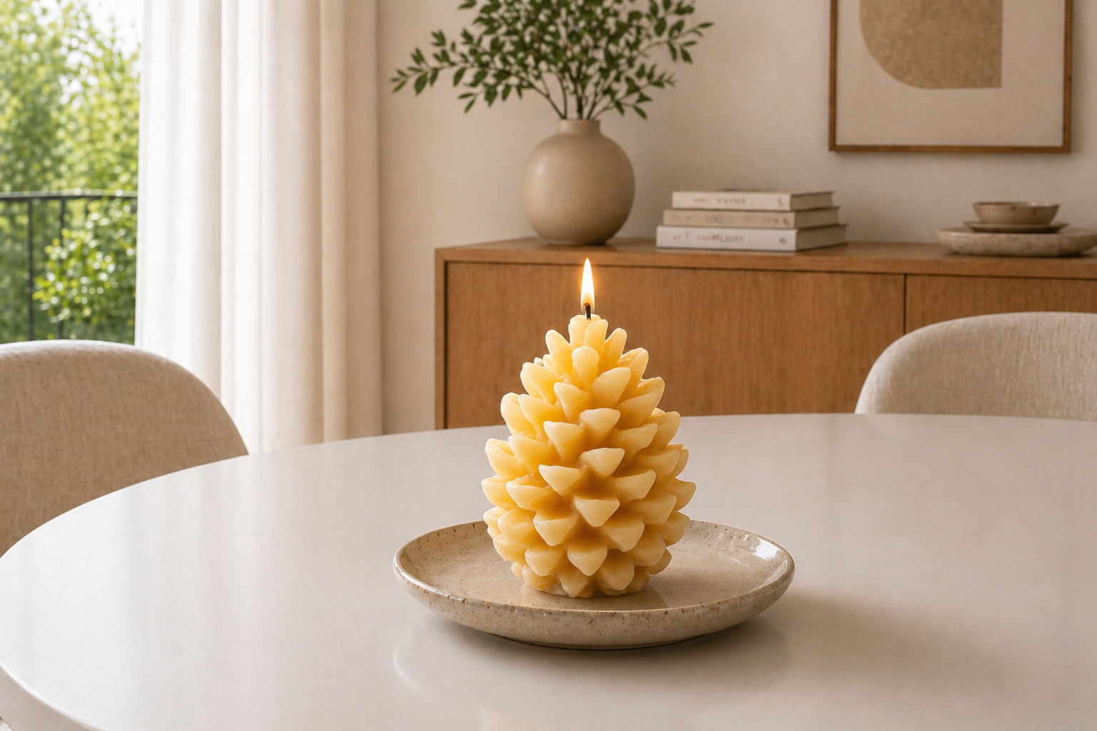 Serenes Beeswaxory pinecone design pure beeswax candles with natural pinecone shape and warm, golden beeswax finish.