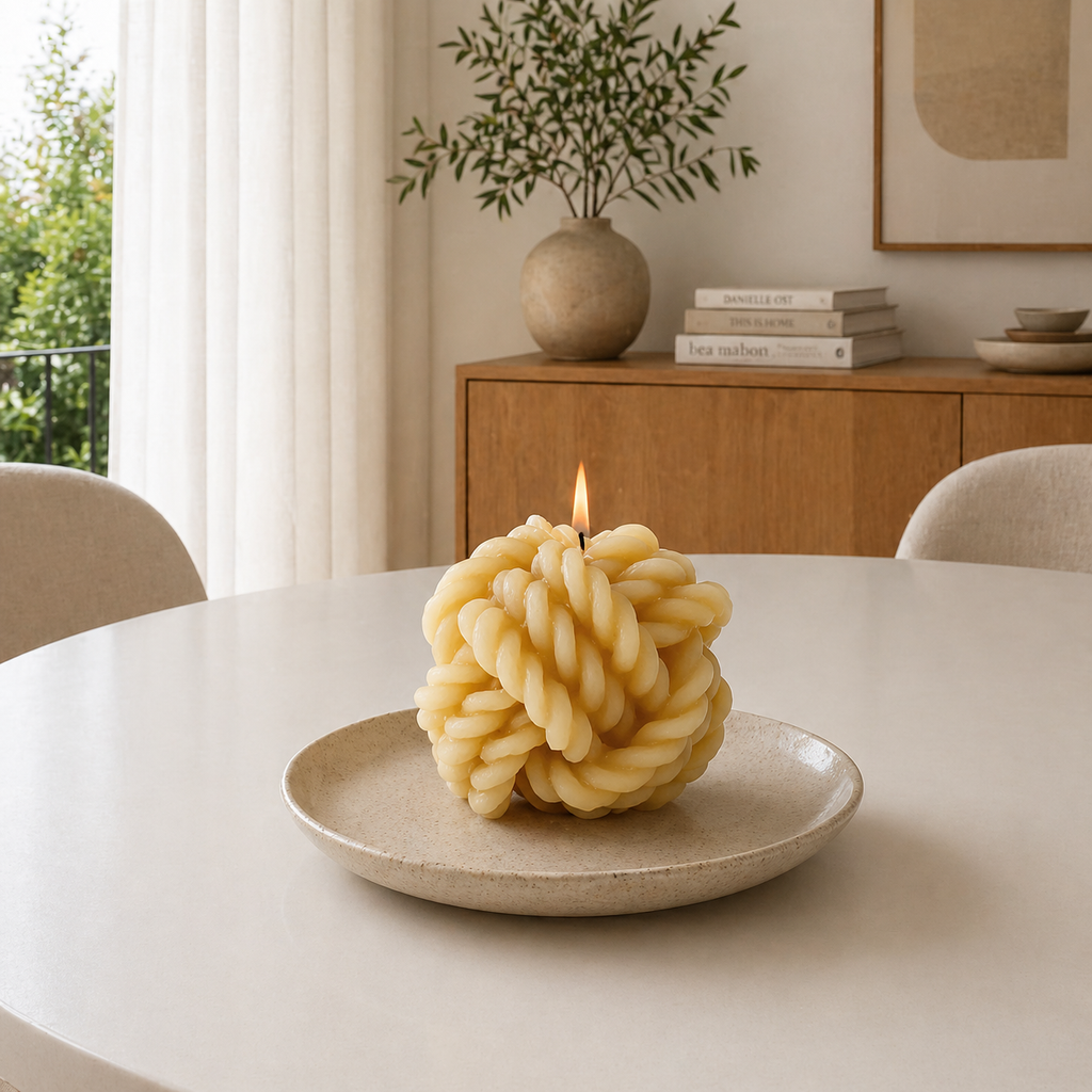 Box of three Serenes Beeswaxory rope ball candles made from pure beeswax, featuring natural, textured rope design.