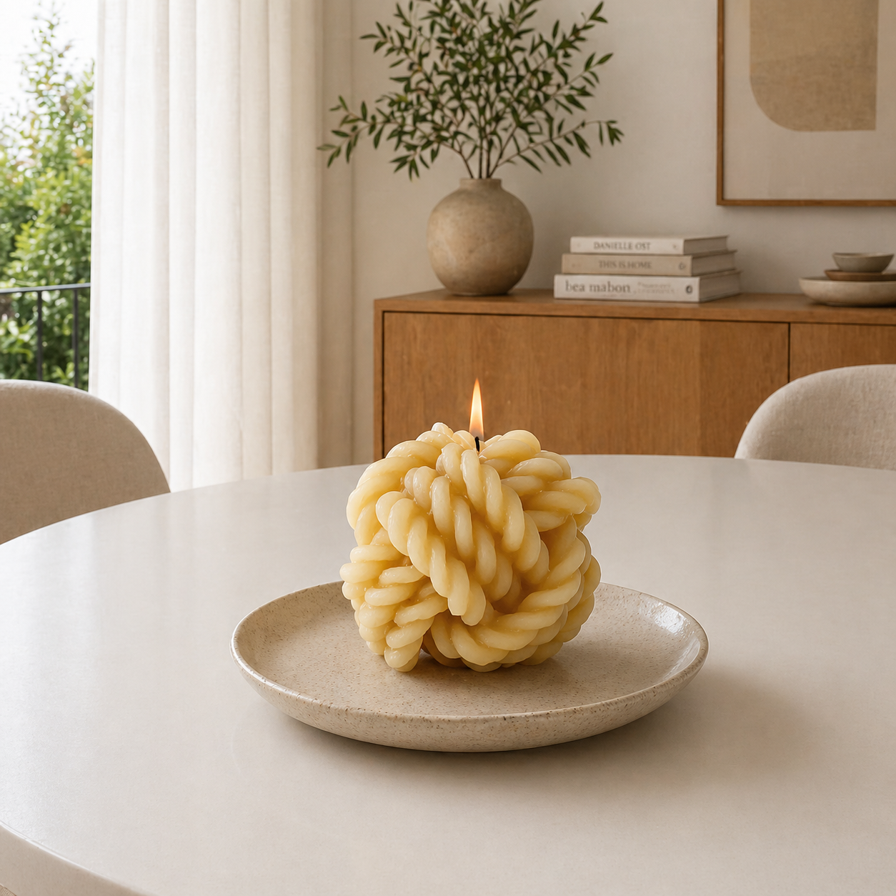 Box of three Serenes Beeswaxory rope ball candles made from pure beeswax, featuring natural, textured rope design.