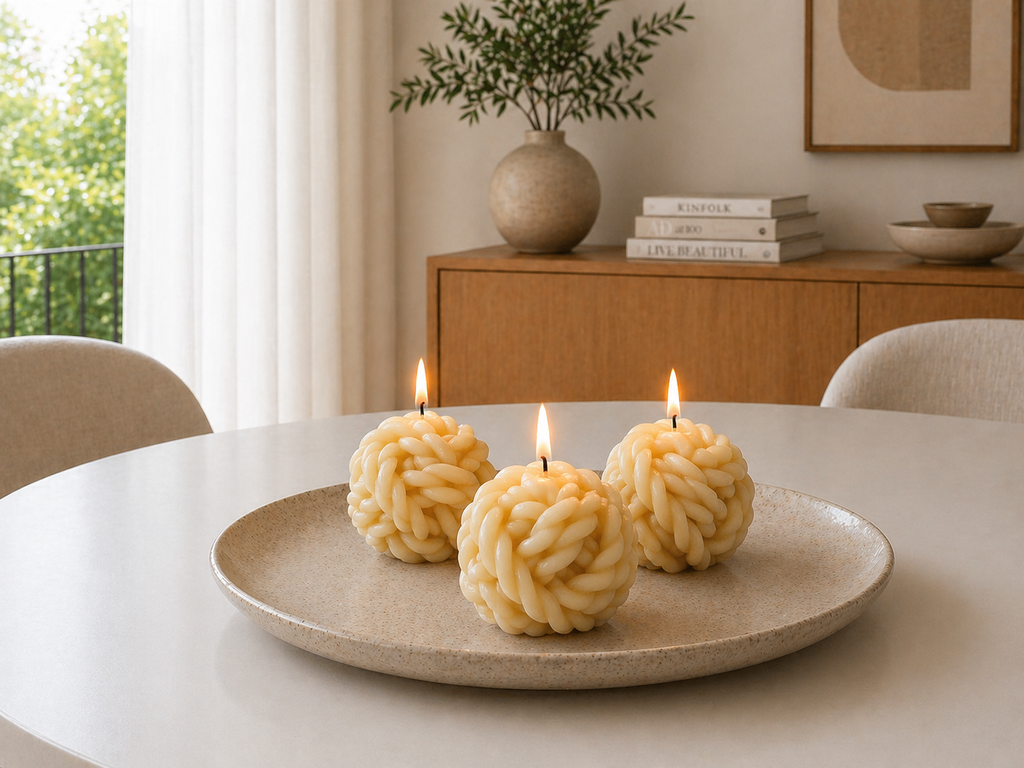 Set of three Rope Ball Candles by Serenes Beeswaxory made of pure beeswax, featuring textured rope detailing for a cozy ambiance.