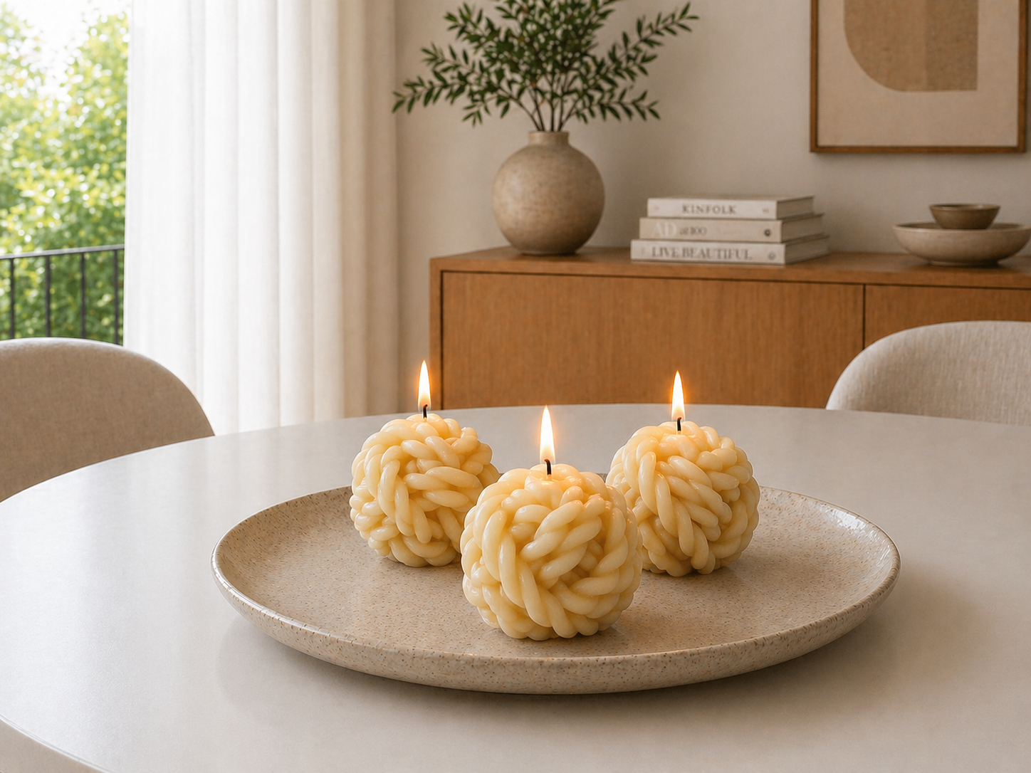 Set of three Rope Ball Candles by Serenes Beeswaxory made of pure beeswax, featuring textured rope detailing for a cozy ambiance.