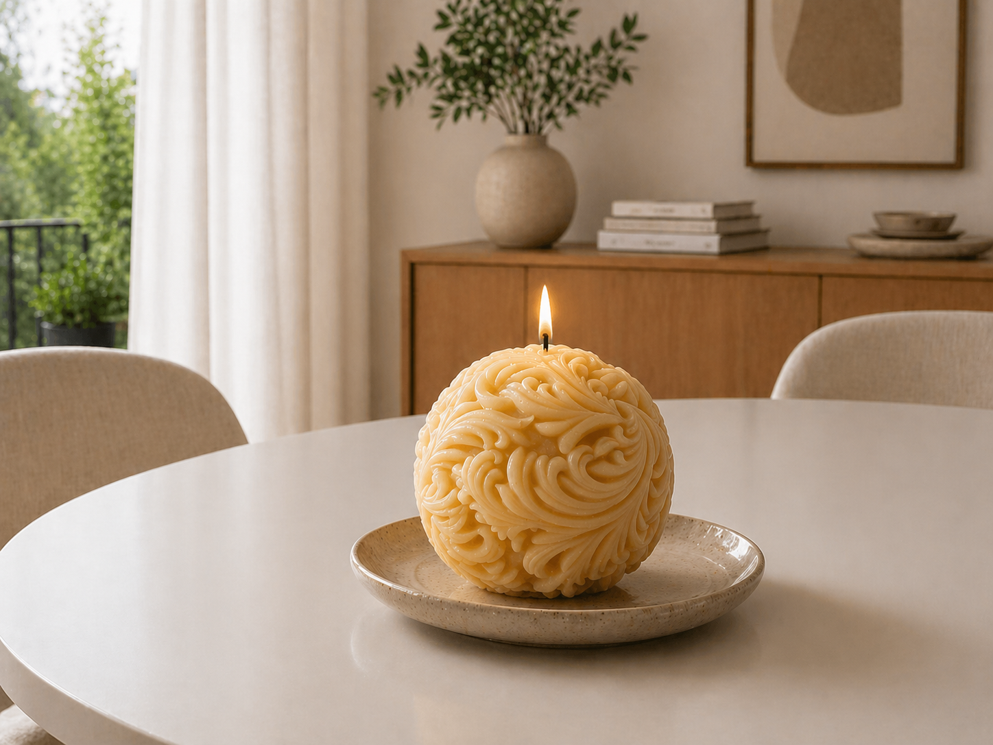 Sphere filigree candles made of pure beeswax by Serenes Beeswaxory, showcasing intricate candle designs and warm natural color.