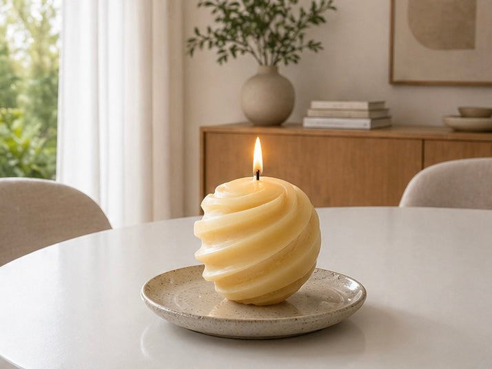 Set of three Serenes Beeswaxory swirl ball candles made of pure beeswax, featuring smooth, rounded shapes for a cozy ambiance.
