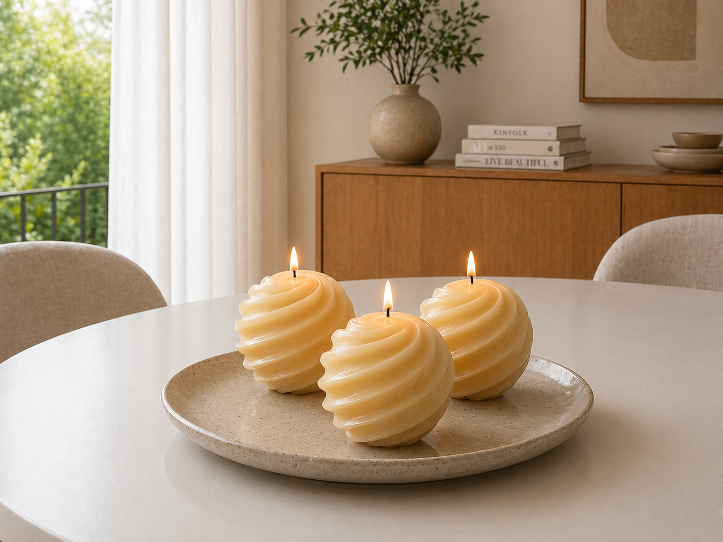 Set of three Serenes Beeswaxory swirl ball candles made of pure beeswax, displayed in a box, showcasing their round, textured design.