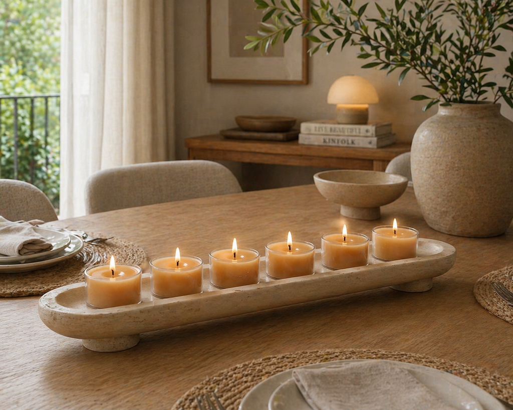 Six pure beeswax tealight candles in a box by Serenes Beeswaxory, showcasing warm, natural beeswax candle holders.